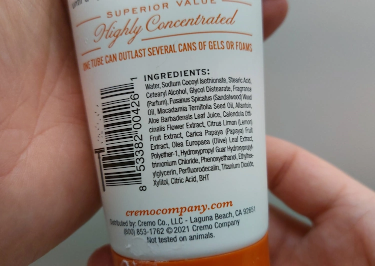 close up of the back section of Cremo Shaving Cream displaying its ingredients