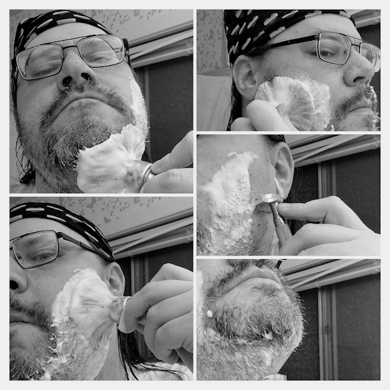 collage of reviewer Robert using Cremo Shaving Cream