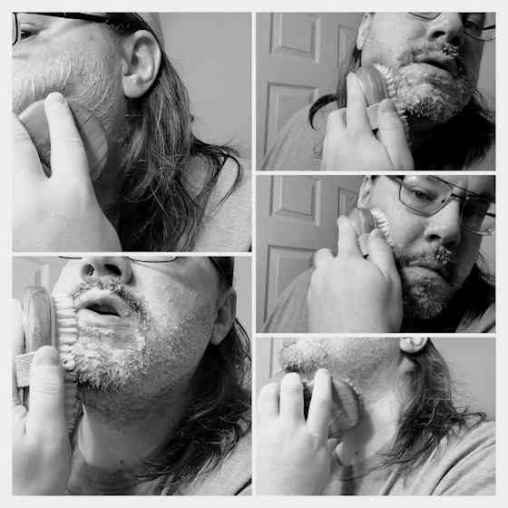 collage of reviewer using the Suavecito Beard Wash and brush