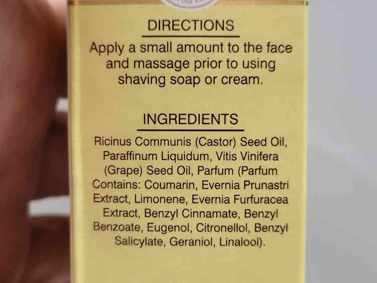 Taylor of Old Bond Street Sandalwood Pre-Shave Oil ingedients and instructions on the back of the box