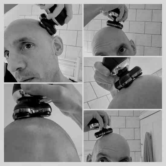 collage of reviewer Jason shaving with Balder Boss head shaver