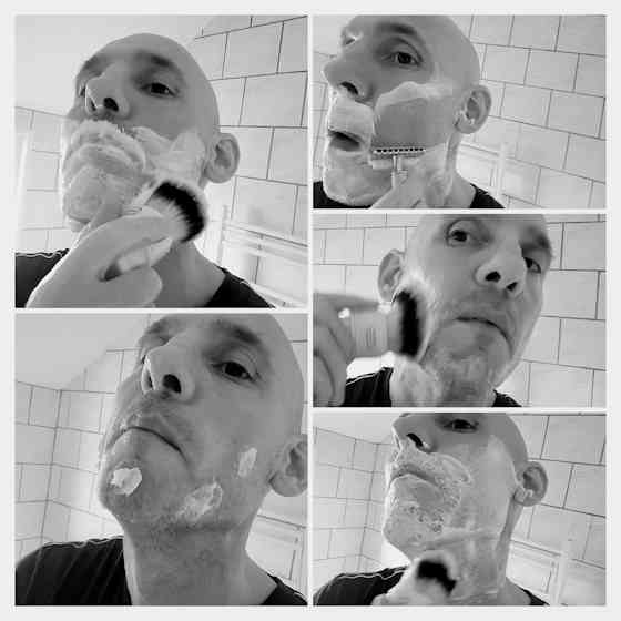 collage of reviewer Jason using and shaving with TOBS Oud Shaving Cream