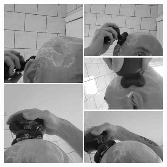 collage of reviewer head shaving wet with the Raze Head Shaver
