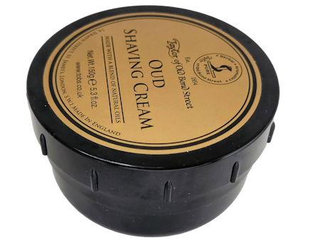 tub of Taylor of Old Bond Street Oud Shaving Cream on white background