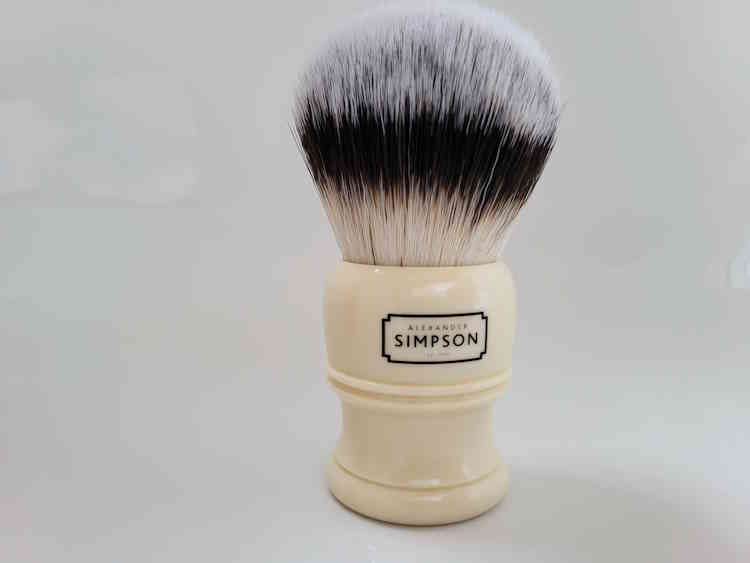Simpson Trafalgar T3 Synthetic Shaving Brush standing in bathroom