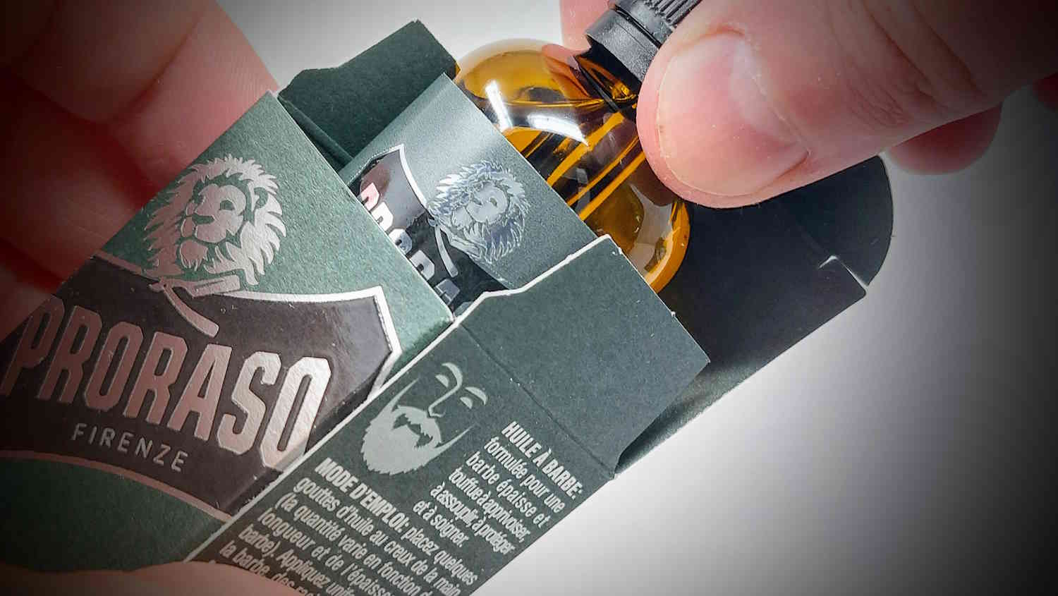 bottle of Proraso Beard Oil being taken out of its box