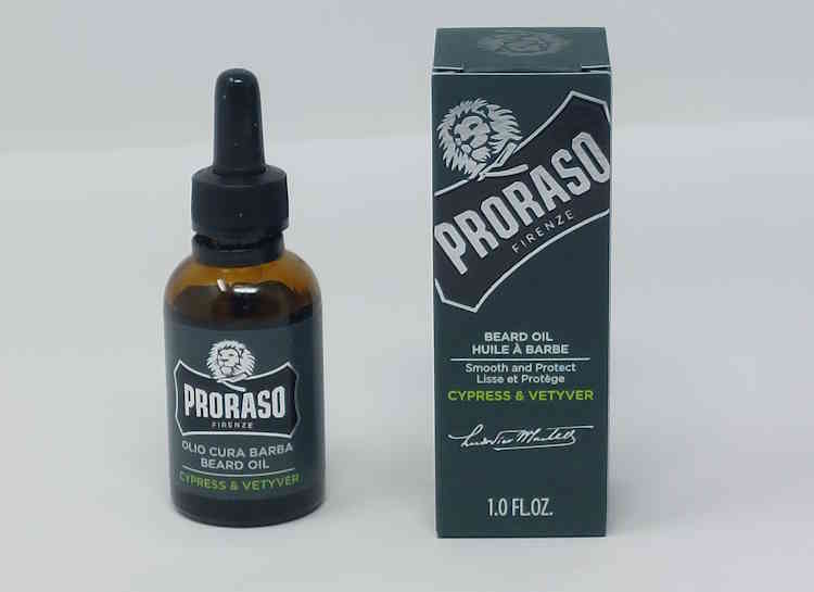 bottle of Proraso Beard with box next to it