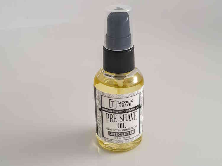 bottle of Taconic Pre Shave Oil Unscented displayed