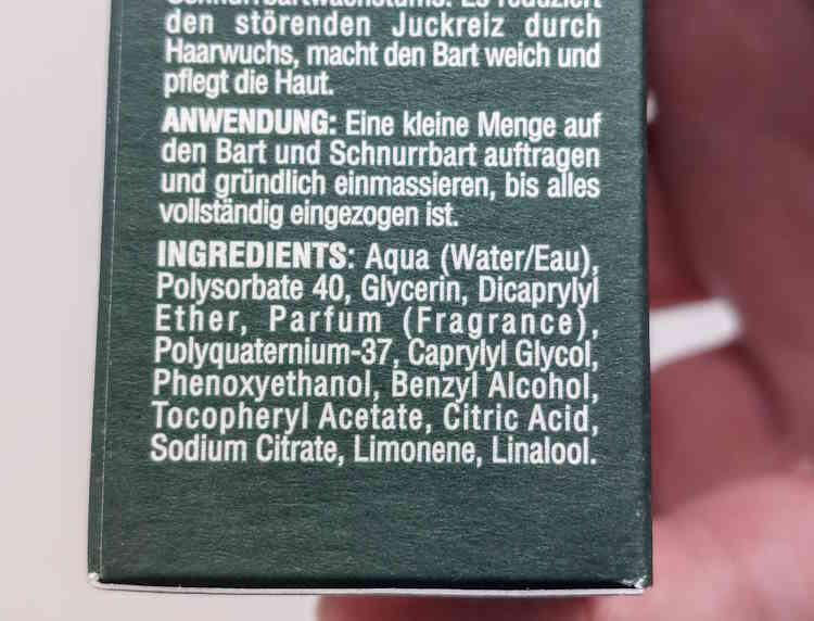 close up of Proraso Beard Balm ingredients list on the back of the bottle