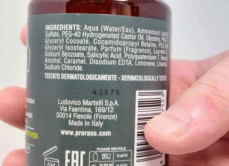 close up of Proraso Beard Wash ingredients list on the back of the bottle