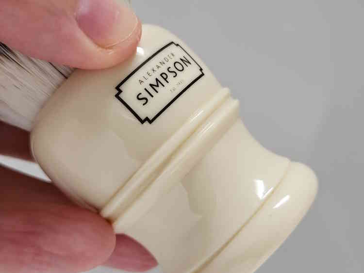 close up of Simpson Trafalgar T3 Synthetic Shaving Brush handle