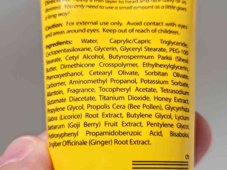 close up of ingredients on the back of the Bee Bald Smooth Daily Moisturizer tube