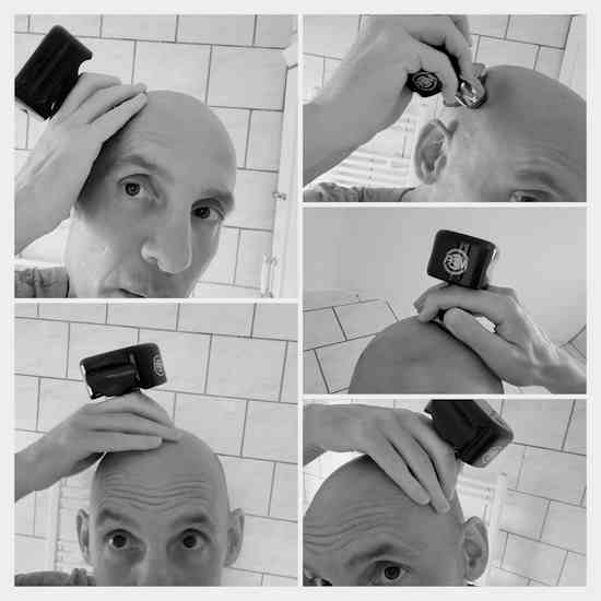 head shaving collage of Skull Palm Shaver