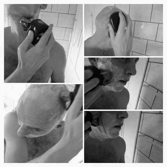 head shaving with shaving cream collage of Skull Palm Shaver