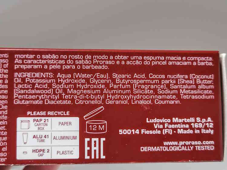 ingredients on the back of a Proraso shaving cream tube box