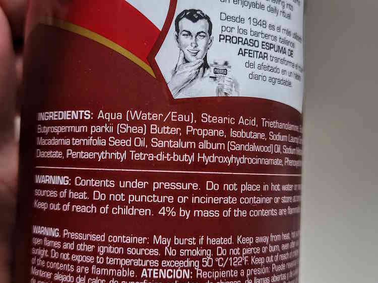 ingredients on the back of a Proraso shaving foam can