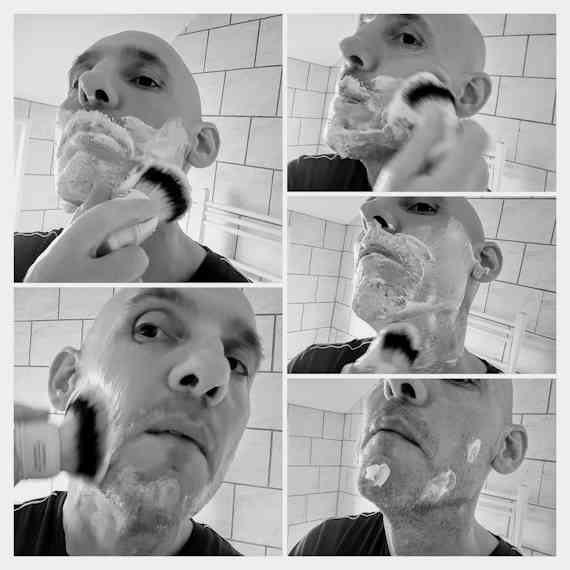 reviewer Jason using the Simpson Trafalgar T3 Synthetic Shaving Brush