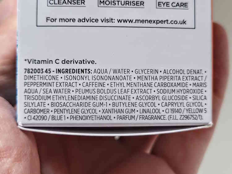close up of Men Expert Hydra Energetic Anti-Shine Moisturizer ingredients on box