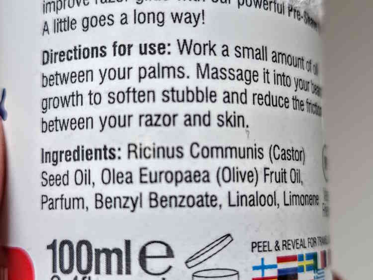 close up of of Bluebeards Revenge Pre-Shave Oil ingredients label on the back of the bottle