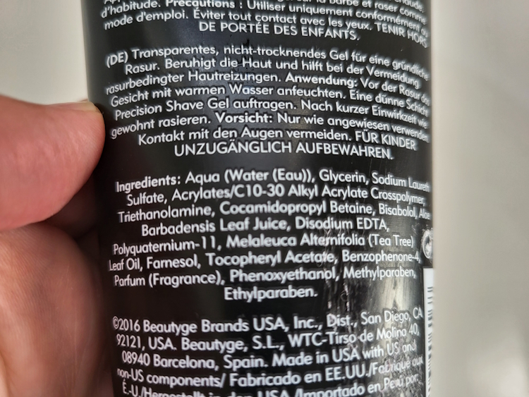 close up of American Crew Shave Gel ingredients on the back of the tube