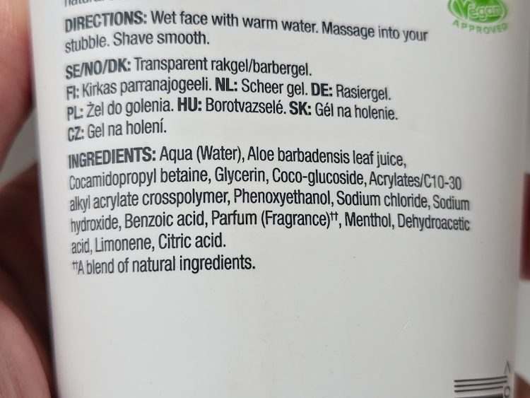 ingredients list on the back of the Bulldog Original Shave Gel tube