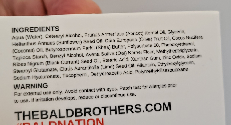 Bald Boss Face & Scalp Moisturiser ingredients on the back of the box