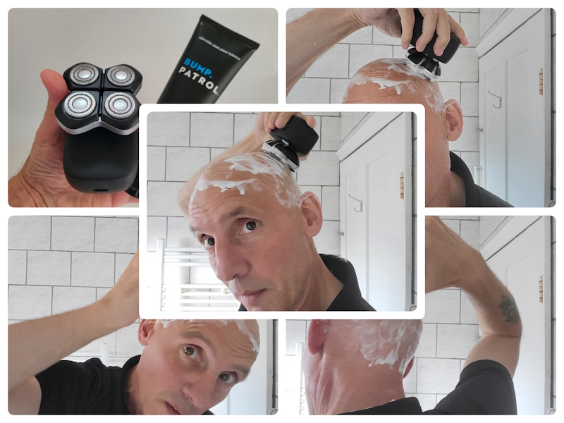 Collage of head shaving with Flexseries Pro and shaving gel