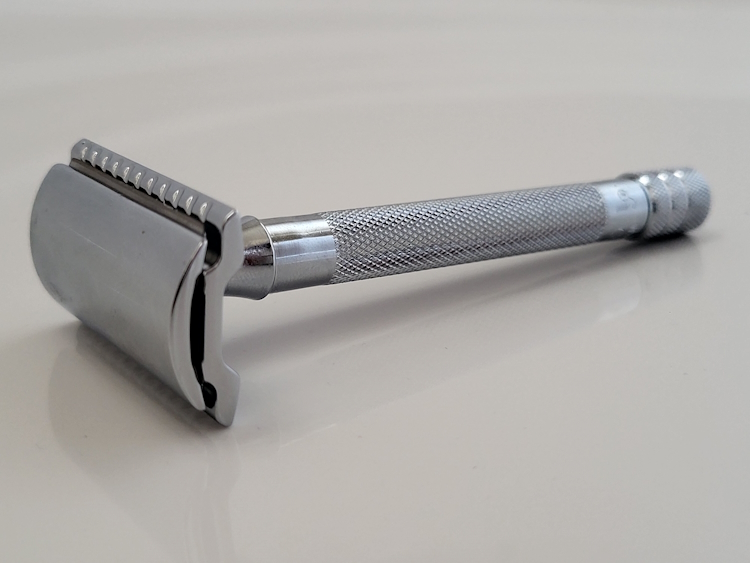 Merkur 23c safety razor laid down with great angle for viewing