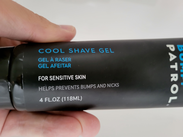 close up of Bump Patrol shaving gel label on tube