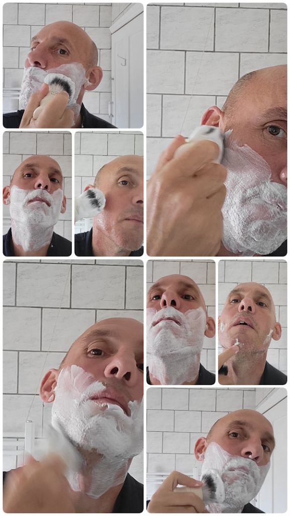 collage of lathering Geo.F. Trumper Spanish Leather Shaving Cream