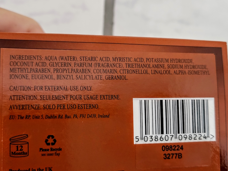 ingredients on the back of Geo.F. Trumper Spanish Leather Shaving Cream box