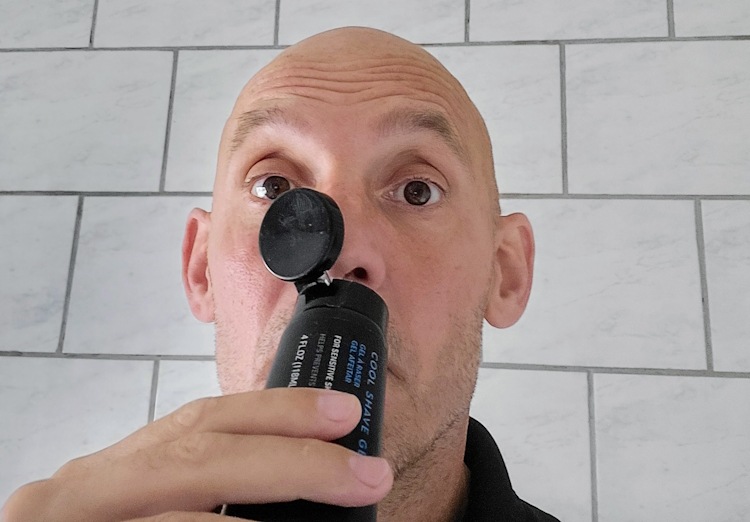 reviewer Jason smelling Bump Patrol shave gel scent