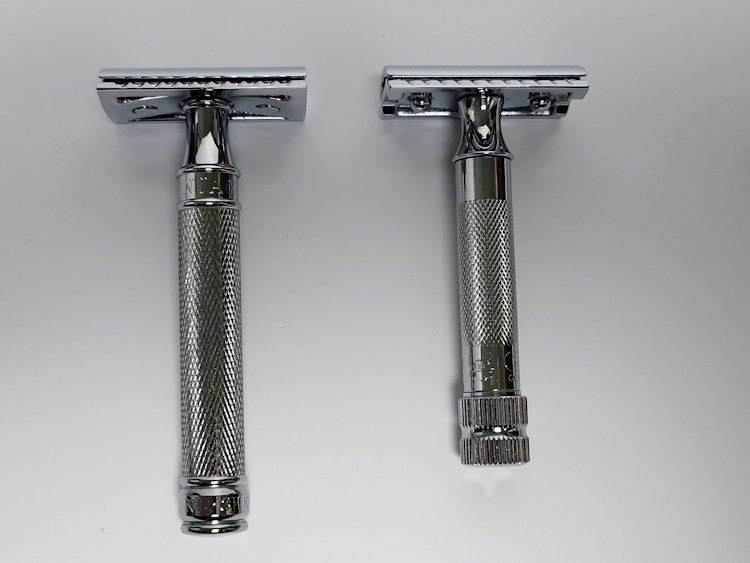 Merkur 34c and Edwin Jagger DE89 next to each other to display how long they are compared