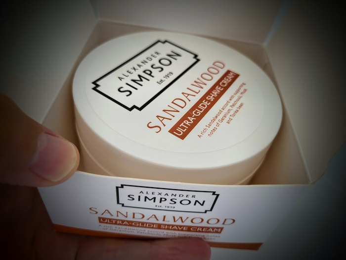 Simpson Sandalwood Shaving Cream in its opened box