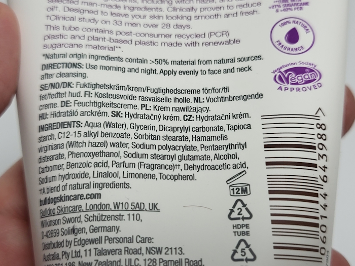 close up of Bulldog Oil Control Moisturiser ingredients on the back of the tube