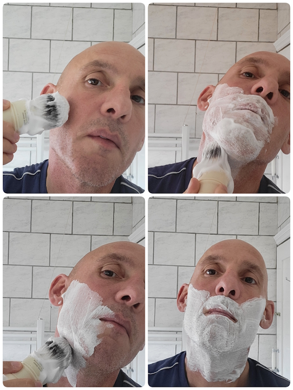 collage of reviewer Jason applying Simpson Sandalwood Shaving Cream on his face with a shaving brush