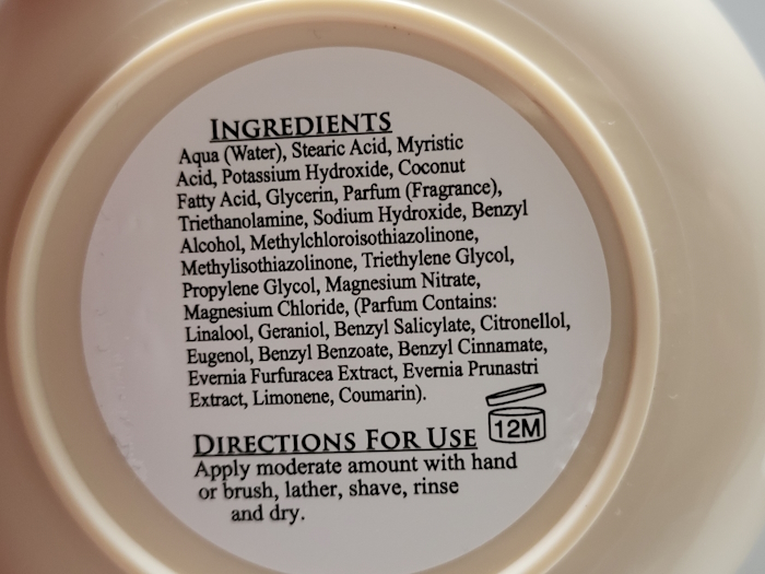 close up of Taylor Of Old Bond Street Sandalwood Shaving Cream tub ingredients