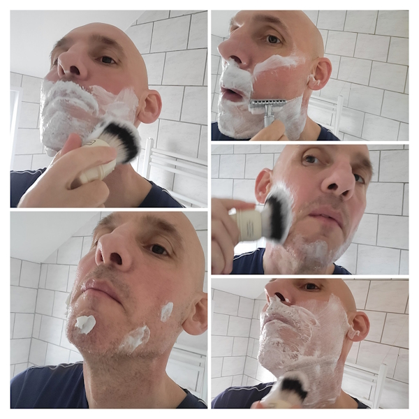 collage of applying Taylor Of Old Bond Street Sandalwood Shaving Cream on the face with a shaving brush