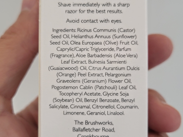 ingredients list on the back of a Simpson Sandalwood Pre-Shave Oil box