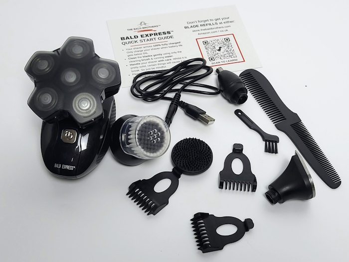 The Bald Express shaving kit unboxed with all components laid out