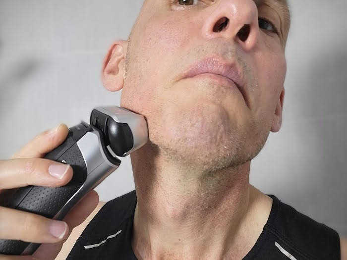 shaving to display how the Braun Series 8 8567cc moves over the jaw area and contours when unlocked more easily