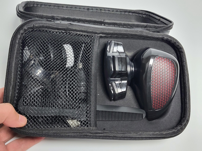 the Bald Express shaver kit all inside its travel case