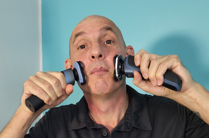 Jason Jones using the Philips 5000 Series Shaver on one side of the face and the Philips 5000X on the other side