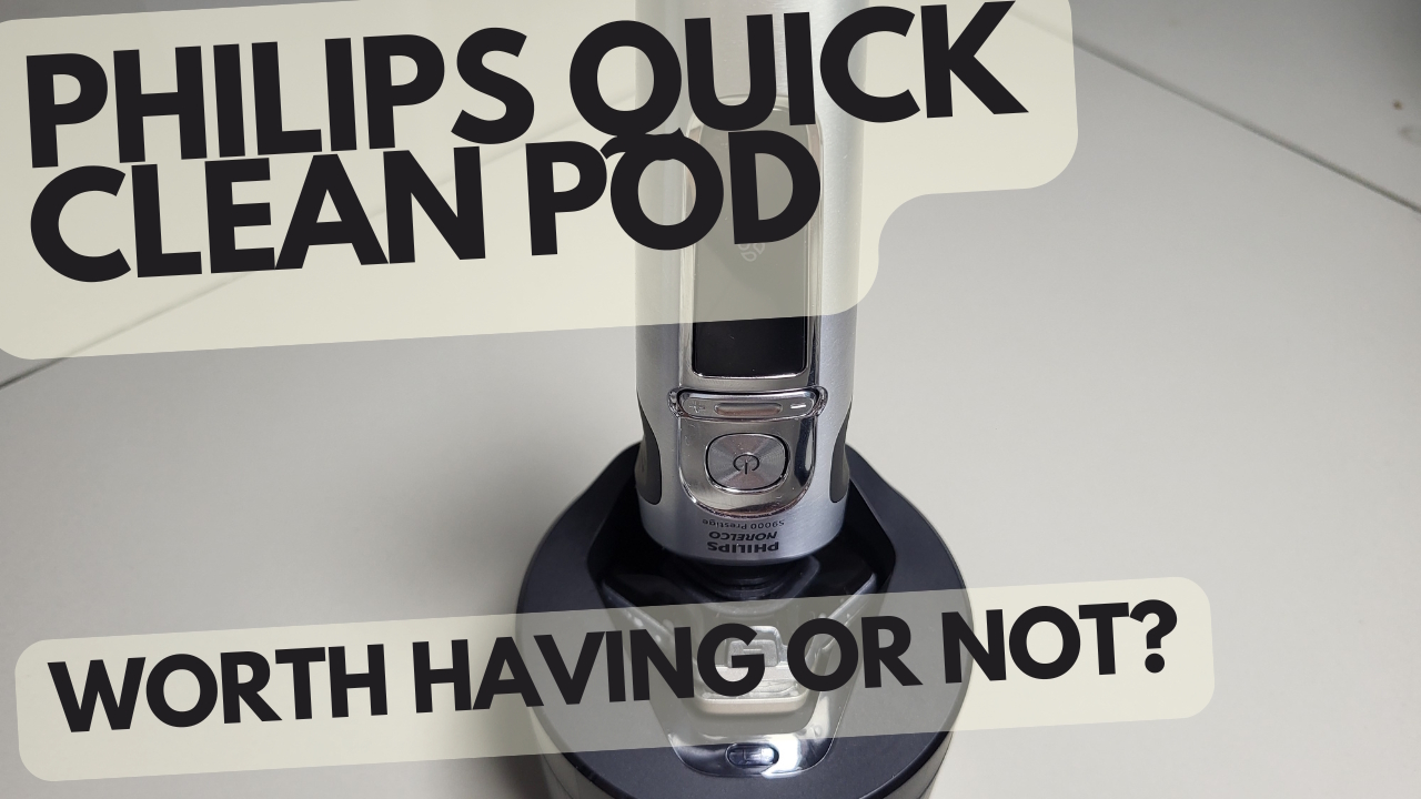 Philips Quick Clean Pod with Shaver inside and text overlay