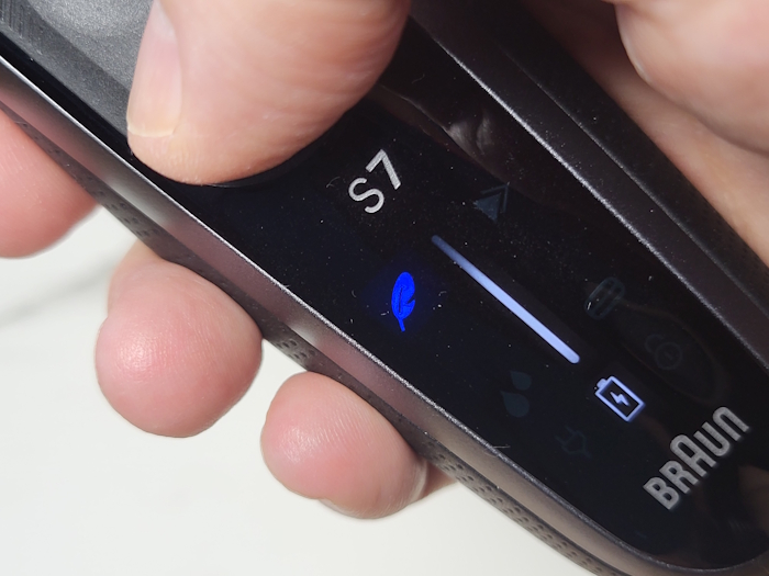 Braun Series 7 gentle mode activated and LED feather displayed