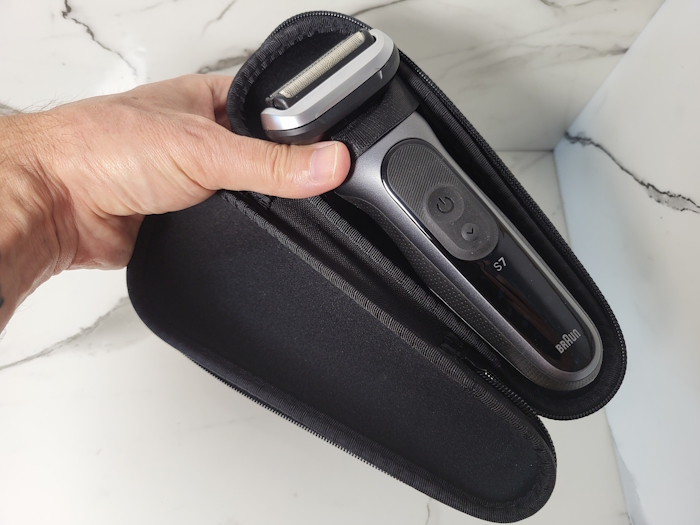 Braun Series 7 placed in its fabric travel case
