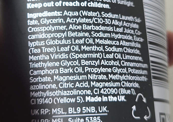 King of Shaves Cooling Shave Gel ingredients list on the back of the tube