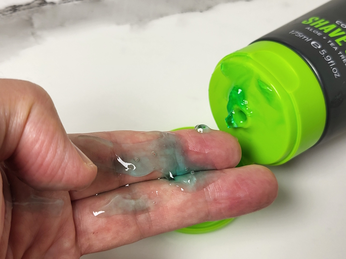 a portion of King of Shaves Cooling Shave Gel placed on fingers ready to use