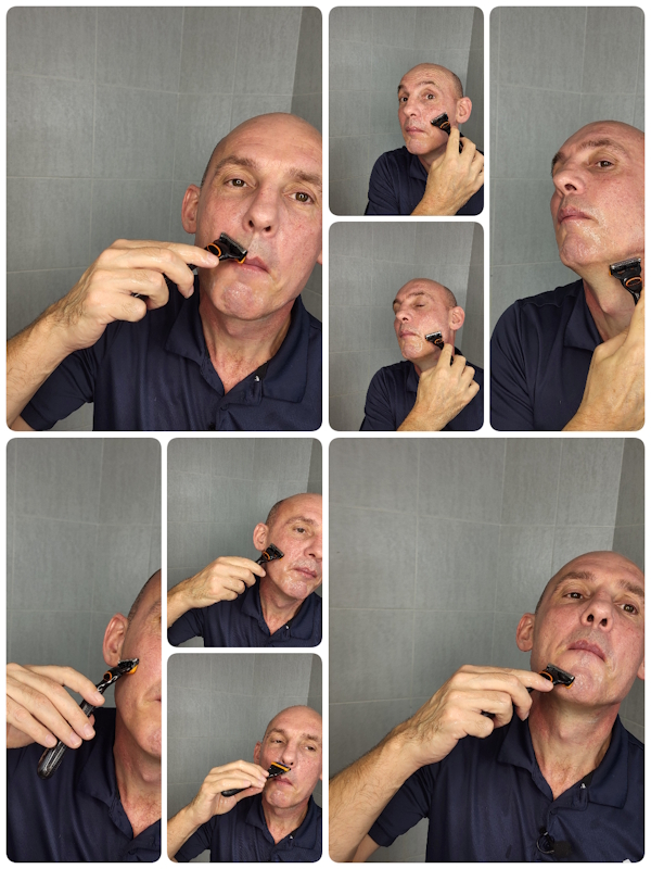 collage of Jason Jones shaving with the Gillette Fusion 5 Power Razor
