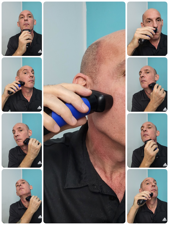 collage of Jason Jones shaving with the Remington F4 Shaver